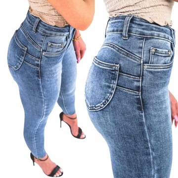 Jasne jeansowe spodnie PUSH UP dopasowane klasyczne rurki wysoki stan L