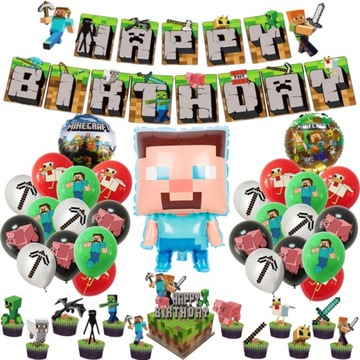 ZESTAW URODZINOWY MINECRAFT BALONY TNT PIKSELE TOPPERY GIRLANDA NA IMPREZE