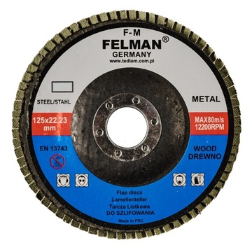 TARCZA ŚCIERNA LISTKOWA LAMELKA DO DREWNA METALU 125 MM P100 FELMAN