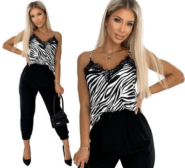 KOBIECA Wygodna Bluzka TOP Dekolt KORONKA ZEBRA L