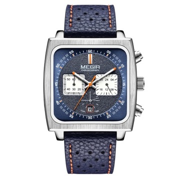 MEGIR kwadratowa tarcza Chronograph Quartz zegarki dla mężczyzn modne nieb
