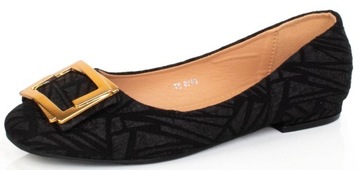 8299 CZARNE BALERINKI MATERIAŁOWE ZŁOTA OZDOBA 39