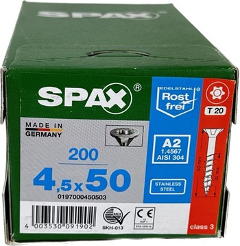 SPAX Wkręty nierdzewne 4,5x50mm A200 gwint częśćio