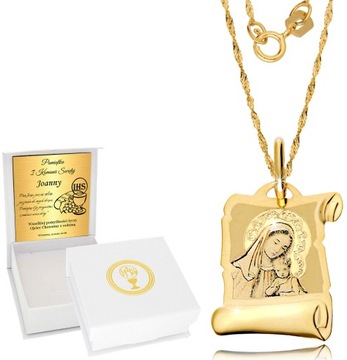 Złoty łańcuszek 333 Medalik Chrzest Komunia Grawer