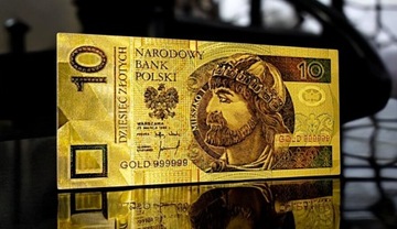 Красивая позолоченная коллекционная банкнота из ПВХ номиналом 10 злотых Mieszko I в ПОДАРОК