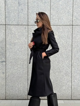 Elegancki płaszcz damski długi, wiązany, flauszowy, klasyczny czarny XL