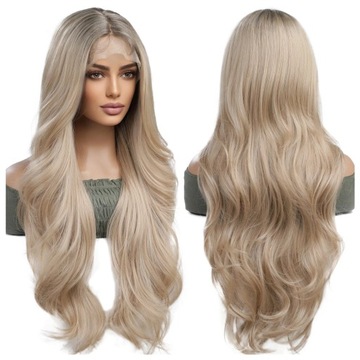 PERUKA blond włosy fale JAK NATURALNE długie falowane LACE FRONT 80cm