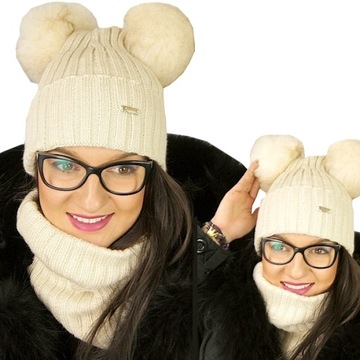 ZIMOWY Komplet CZAPKA + KOMIN szal CIEPŁY WEŁNIANY na POLARKU 2 POMPONY beż