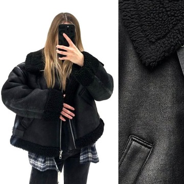 ZARA Długa CZARNA Dwuwarstwowa Kurtka BIKER Kożuszek Blogerek Pilotka L(XL)