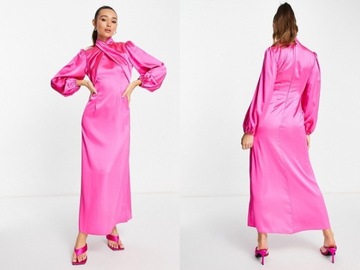 DESIGN Różowa satynowa sukienka maxi kopertowa XL