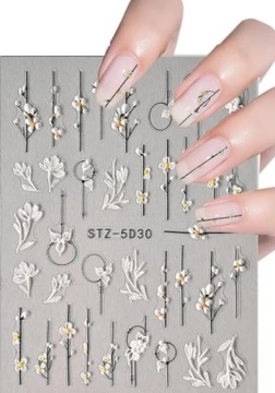 NAKLEJKI NA PAZNOKCIE MANICURE BIAŁO CZARNE KWIATY