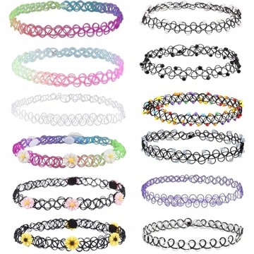 ZESTAW 12X NASZYJNIK CHOKER KOLOROWY TATOO TATUAŻa