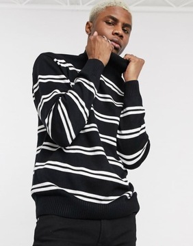 PULL & BEAR CZARNY SWETER PÓŁGOLF PASKI (M)