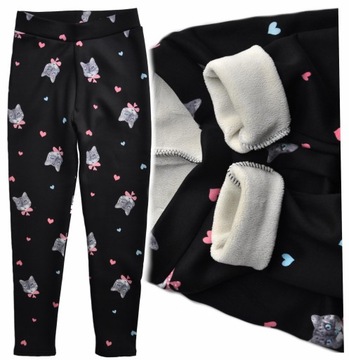 Spodnie legginsy GRUBE czarne w KOTY ocieplane ciepłym polarem r 122/128