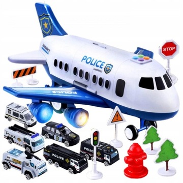 Duży ZESTAW Samolot INTERAKTYWNY Zabawka Policja Wyrzutnia Transporter 6AUT