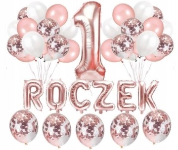 ZESTAW balonów na roczek dziewczynka rose gold cyfra 1 balony różowe złoto