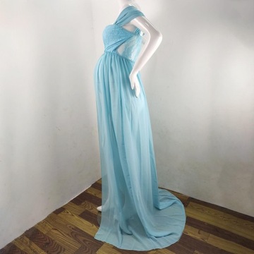 Women Maternity Dress Split Front Off Shoulder Maxi Gown Dress for XL Blue