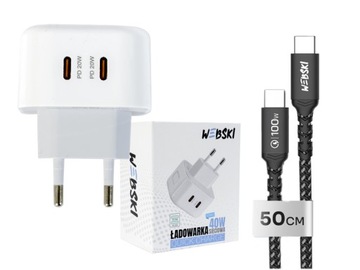 ŁADOWARKA SIECIOWA PŁASKA 40W 2xUSB -C- Z KRÓTKIM KABLEM 50 CM C-C 100W