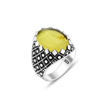 Natural Amber Men's Silver Ring, 925 Sterling Silver Band
