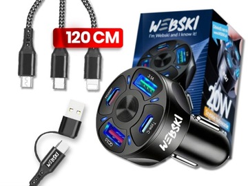 ŁADOWARKA SAMOCHODOWA USB 6A 30W 2 X USB 2 X USB-C Z KABLEM COMBO USB 6W1