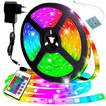 TAŚMA LED KOLOROWA WODOODPORNA 5M RGB PASEK SMD 230V 12V +PILOT +ZASILACZ