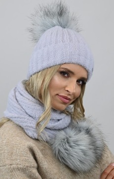 Серый набор шляпы + шарф два помпона D1