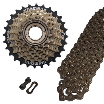 KOMPLET WOLNOBIEG SHIMANO 7-rzędowy 14-28T MF-TZ500 + ŁAŃCUCH PYC ZESTAW