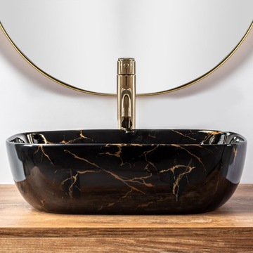 Накладная раковина Belinda Black Marble Rea + золотой смеситель + пробка