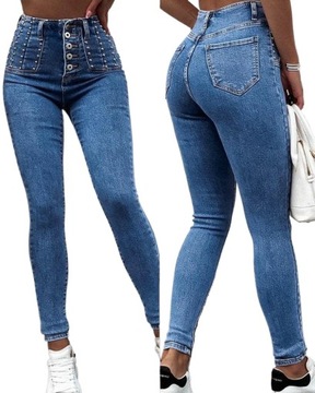 Stylowe Damskie Jeansy Z Wysokim Stanem Z Perłowym Akcentem Jeansy Skinny