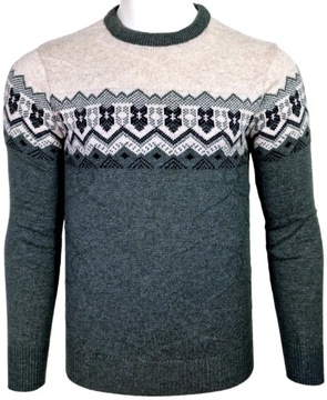 Sweter męski wełniany we wzory W361 ciepły oliwkowy r. XXL