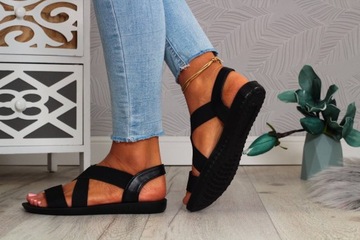 ЧЕРНЫЕ ЖЕНСКИЕ САНДАЛИИ С РАННЯМИ, ПЛОСКИМ НИЗОМ