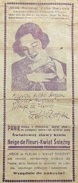 СТАРАЯ РЕКЛАМА МИСС ПОЛОНИЯ 1930 ГОДА ЗОФЬИ БАТИЦКОЙ КРЕМ
