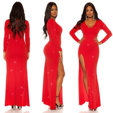 MB319 CZERWONA SUKNIA GLAMOUR ROZCIĘCIE MAXI Sukienka błyszcząca dluga 40 L