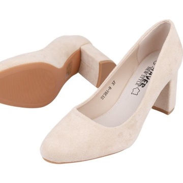 БЕЖЕВЫЕ ЖЕНСКИЕ ТУФЛИ НА ВЫСОКОМ КАБЛУКЕ, ТУФЛИ ИЗ ЗАМШИ, ВНУТРИ ЭКО-КОЖА