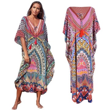 PAREO TUNIKA PLAŻOWA BOHO PRINT DŁUGA SUKIENKA ZWIEWNA NARZUTKA PLAŻĘ STRÓJ