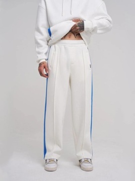SPODNIE DRESOWE MĘSKIE Wygodne Modne Białe / Niebieskie Machinist Strip XL