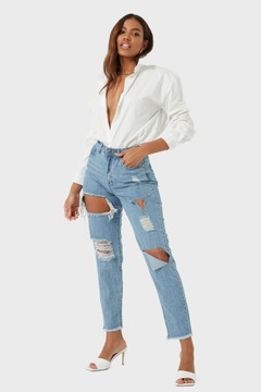 Jeansy MOM strzępione, dziury / MISSGUIDED / S/36