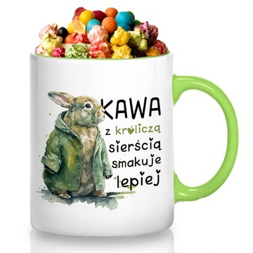 Kubek Zielony Prezent KAWKA Z KRÓLICZĄ SIERŚCIĄ Wz