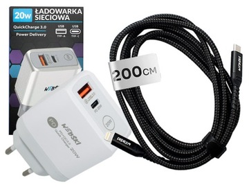 PRZEWÓD KABEL USB 2 METRY 27W DO iPHONE I KOSTKA ŁADOWARKA PD 20W QC3.0
