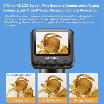 Цифровой микроскоп со светодиодным экраном 2MP RGB 20-100x