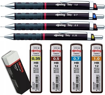 ZESTAW 4 x ołówek ROTRING 0,35 0,5 0,7 1,0 + grafity HB + gumka
