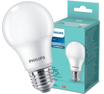 PHILIPS Żarówka LED E27 10W = 75W 6500K ZIMNA BIAŁA 1055lm 180° A60