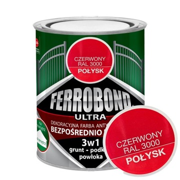 Farba do Metalu Żeliwa na Rdzę CZERWONY POŁYSK RAL8012 0,7L Ferrobond Ultra