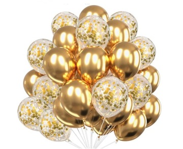 BALONY LATEKSOWE ZŁOTE GOLD CHROM + KONFETTI dekoracja hel sylwester 50 szt
