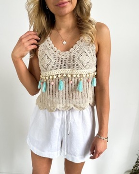 ТОП БЕЖЕВАЯ БЛУЗКА С МОСТИКАМИ МАКРАМЕ БОХО БЕЖЕВЫЙ УНИ