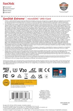 SANDISK MICRO SDXC EXTREME 128 ГБ 190 МБ/с U3 V30 A2