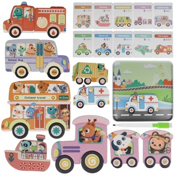 Montessori Układanka Magnetyczna Edukacyjna PUZZLE MAGNETYCZNE Samochody