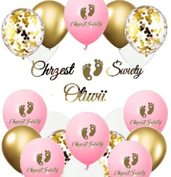 Balony STÓPKI na Chrzciny baner CHRZEST + IMIĘ róż