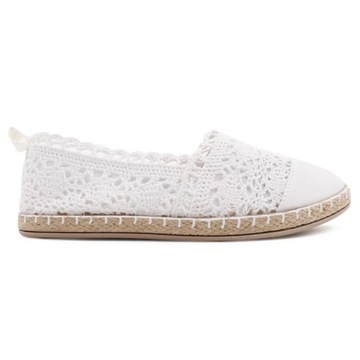 BIAŁE ESPARDYLE DAMSKIE KORONKOWE PÓŁBUTY WSUWANE TENISÓWKI PŁASKIE LEKKIE