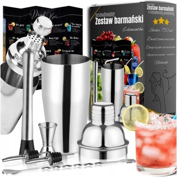 PROFESJONALNY ZESTAW BARMAŃSKI DO DRINKÓW SHAKER 6 ELEMENTÓW + GRATIS